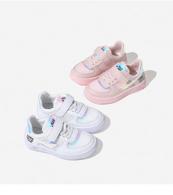 比比我品牌2021年韩版粉色超纤休闲透气网面中大童鞋一件代发