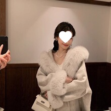 纯色短款毛呢大衣女冬季新款夹棉毛毛袖连帽系带时尚收腰外套