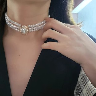 French elegant retro choker imitation pearl necklace women's clavicle chain diamond necklace