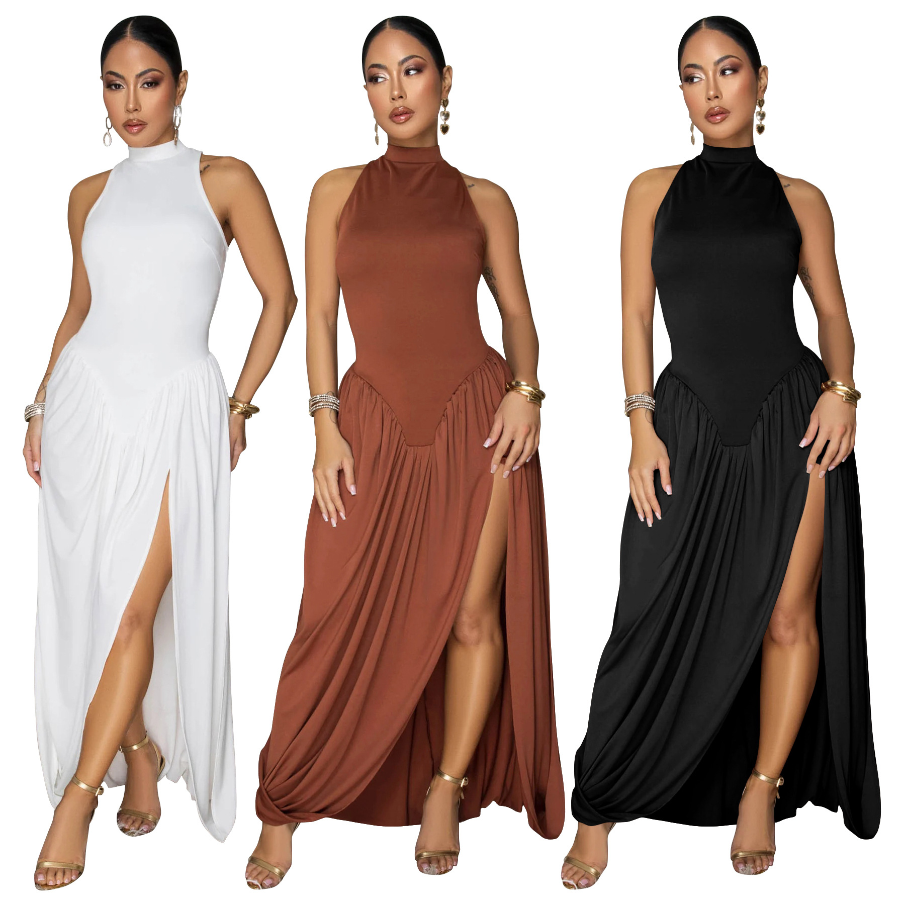 997 Women's Solid-Color Sleeveless Midi Dress with Mock Neck, Side Slit, and Slim Fit