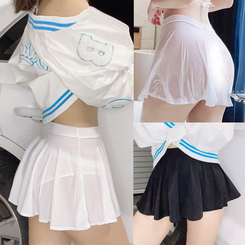 New sexy mesh lace-up mini skirt transparent ice silk student dress set pure desire style for girls