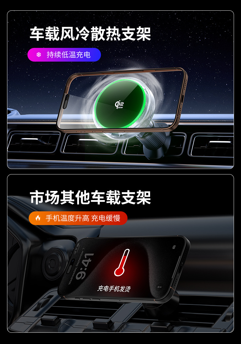 Qi2.2 Certified Pd25W Fast Charging Car Wireless Charger Turbo Air-Cooled Magnetic Wireless Charging Phone Holder