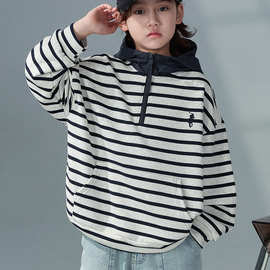 男童秋装卫衣儿童条纹连帽上衣2025新款中大童宽松时髦休闲套头衫