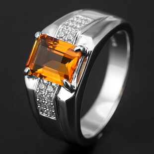 S925 Sterling Silver Gold-Plated Natural Citrine Open Ring Trendy Stylish Single Gemstone Ring Square Fashion Luxury