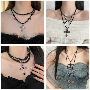 Black punk style diamond cross multi-layer beaded clavicle chain fashion European and American temperament luxury high-end necklace
