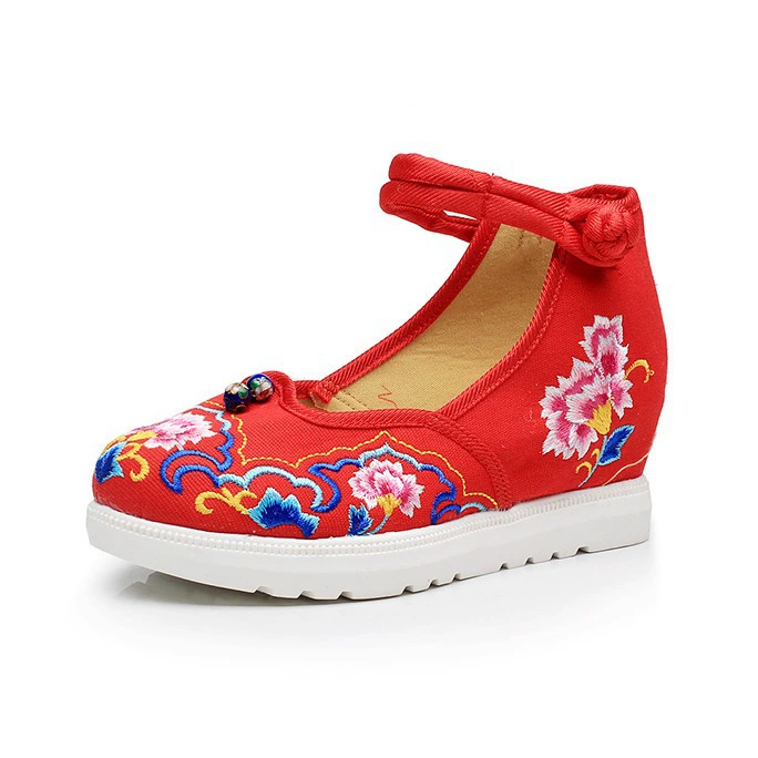 Клоизонная двойная шар floral вышивка Мэри Джейн туфли наankle strap - красный/синий/черный/бежевый