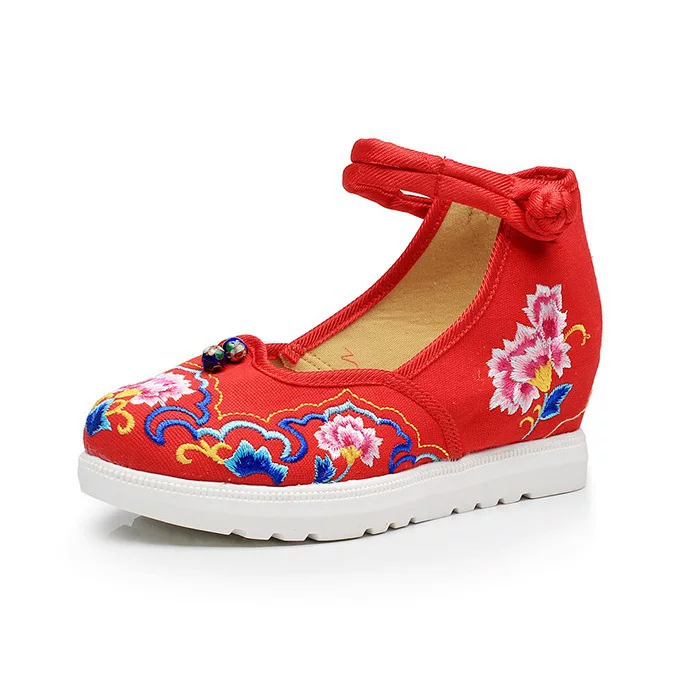 Клоизонная двойная шар floral вышивка Мэри Джейн туфли наankle strap - красный/синий/черный/бежевый