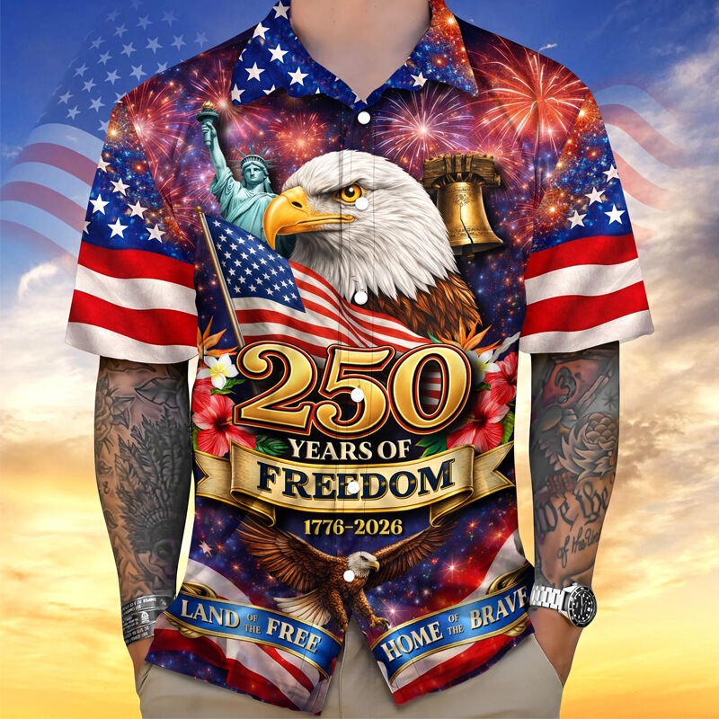 Cross-Border New Model American 250Th Anniversary 3D Digital Print Hawaiian Style Shirt with Eagle Flag Summer Men's Top Cross-Border New Model American 250Th Anniversary 3D Digital Print Hawaiian Style Shirt with Eagle Flag Summer Men's Top