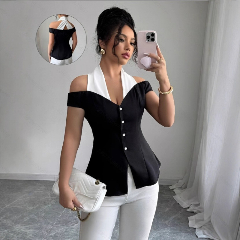 Cross-Border Women's Clothing, Foreign Trade European and American Elegant Off-Shoulder Blouse - Black and White Color-Blocking Design, Slim Fit Casual Office Wear