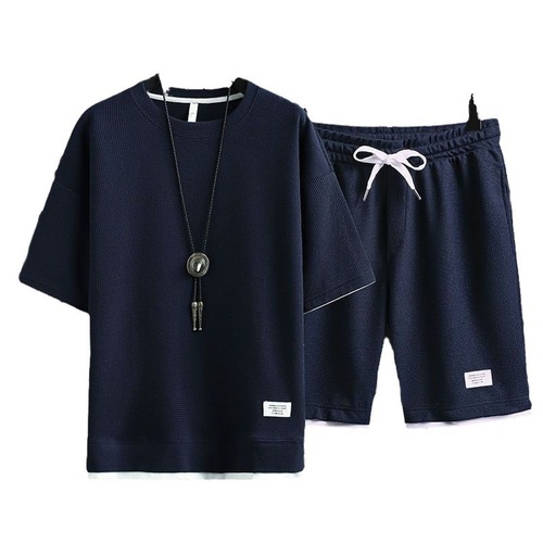 Waffle T-shirt for Men, Short Sleeve, Ice Silk Summer Set, Stylish Casual Sportswear with Thin Pants