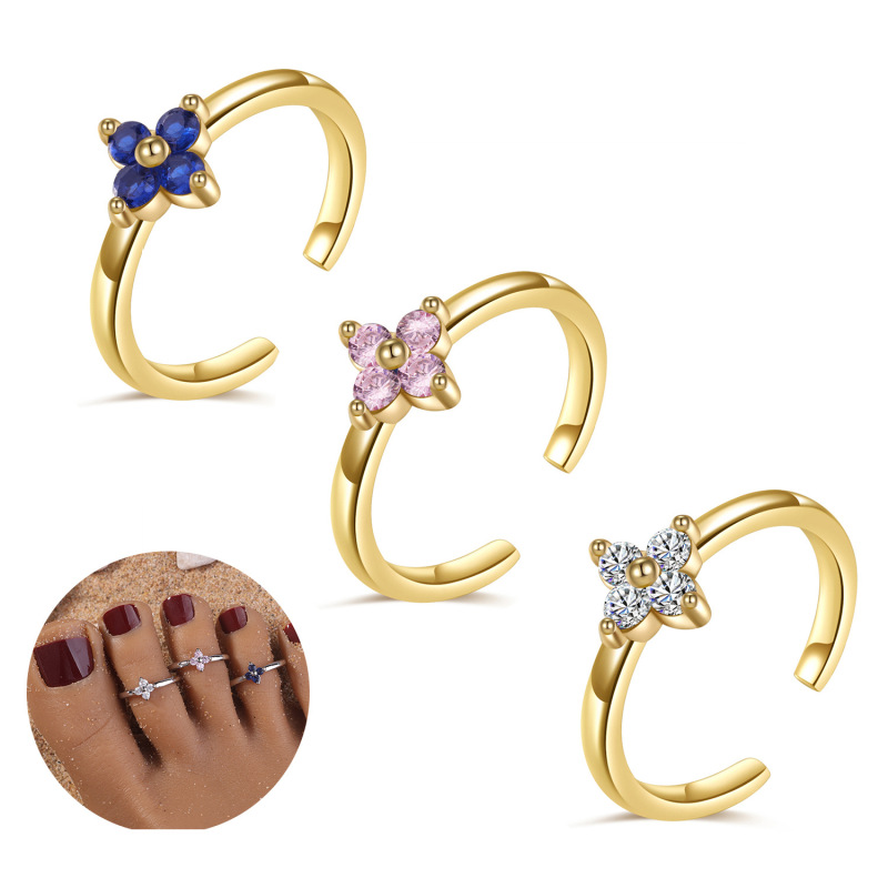 Four-leaf Clover Copper Plated 18K Gold Zircon Foot Ring Pink Blue White Women Summer Beach Jewelry Open End Ring Y2K Four-leaf Clover Copper Plated 18K Gold Zircon Foot Ring Pink Blue White Women Summer Beach Jewelry Open End Ring Y2K