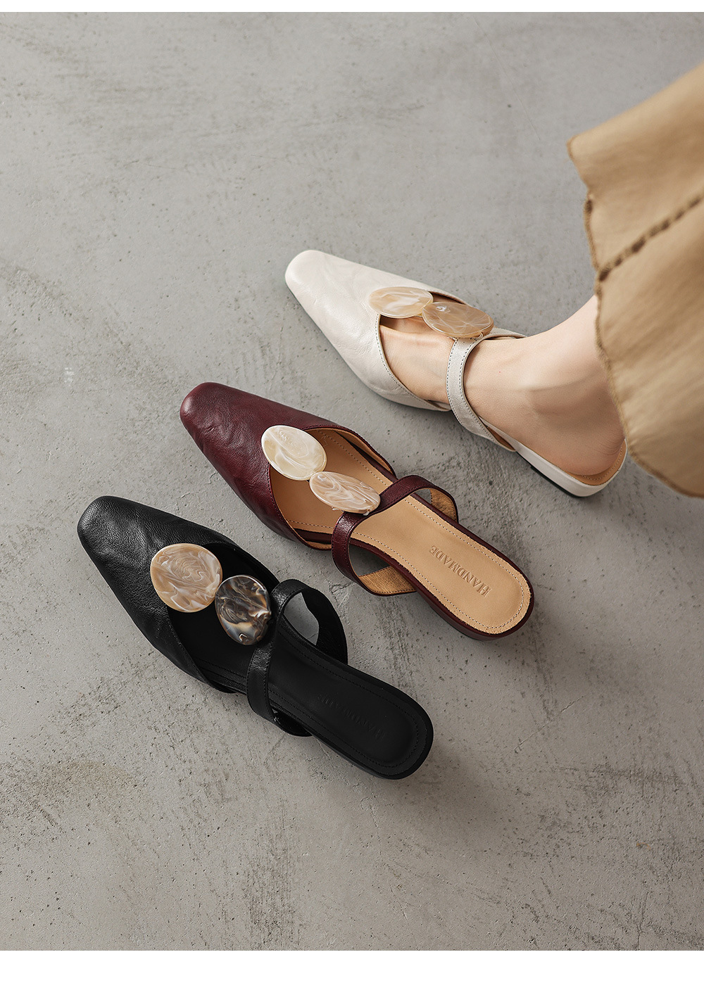 Sandal nữ da dê mũi kín gót thấp phong cách vỏ sò — đen chi tiết 13