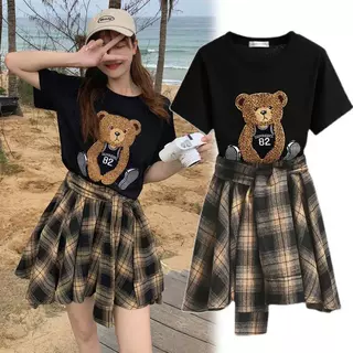 辣妹套装女夏季时尚洋气炸街裙子两件套小熊T恤+显瘦格子半身裙女