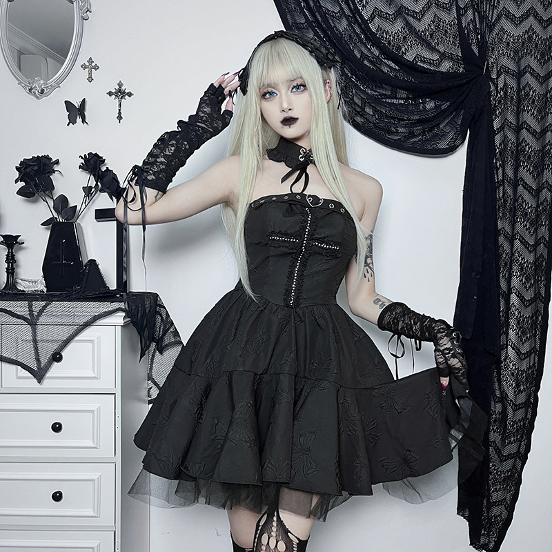 Women's Punk Gothic Strapless Eyelets Jacquard Choker Flared Dress Fashion | eBay Women's Punk Gothic Strapless Eyelets Jacquard Choker Flared Dress Fashion | eBay