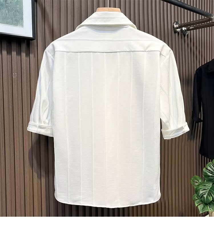 Camicia uomo a maniche corte a righe in misto seta casual_voghion.com