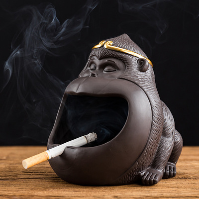 创意个性办公室陶瓷大嘴猴子烟灰缸潮流家用车载多功能防风防飞灰