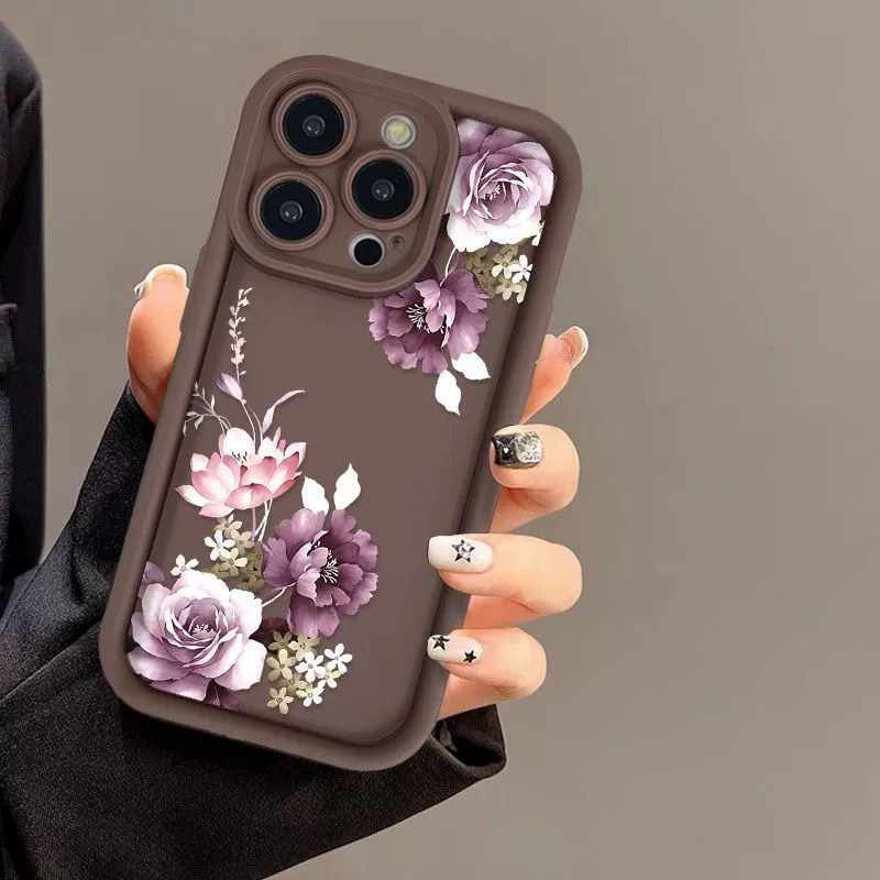 Фиолетовый матовый чехол для телефона, совместим с iPhone16, с цветочным рисунком, 16 Pro Max, 15