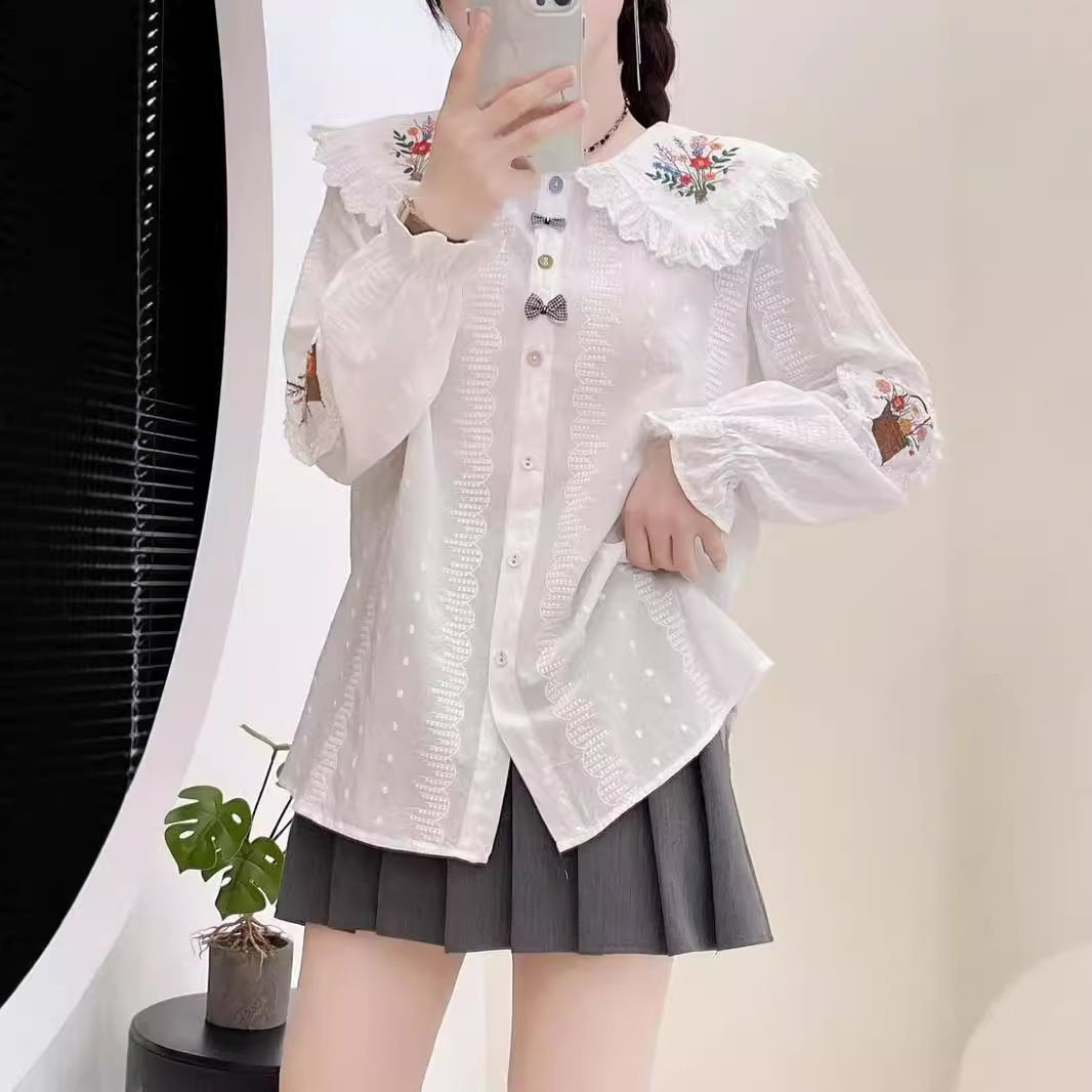 (2개) 2024 년 가을 새로운 여성 옷깃 일본면 및 리넨 셔츠 루즈 셔츠 올매치 자수 예술적 스타일 탑 모리