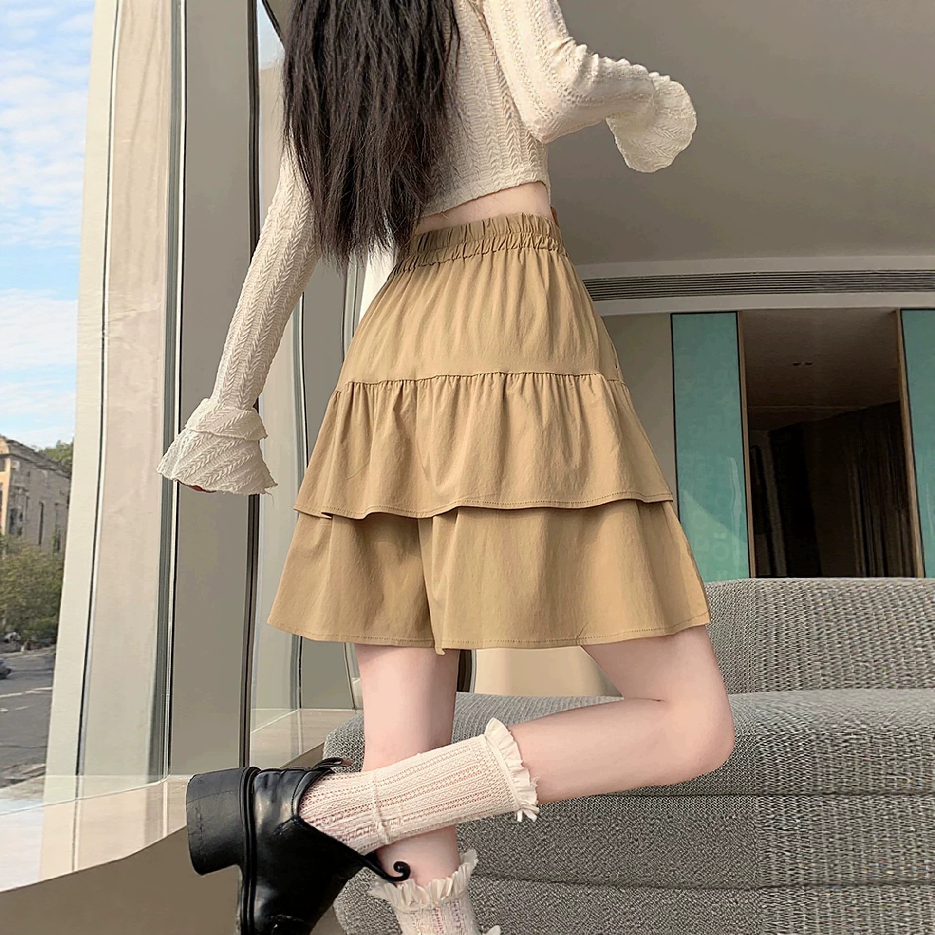 胖MM大码夏季凉感阔腿裙裤女2026年新款高腰A字蓬蓬蛋糕五分裙裤