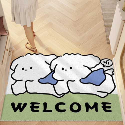Cartoon Dog Entry Mat with Edging, Cuttable Cute String Ring Doormat, Anti-Slip and Dustproof Front Door Mat