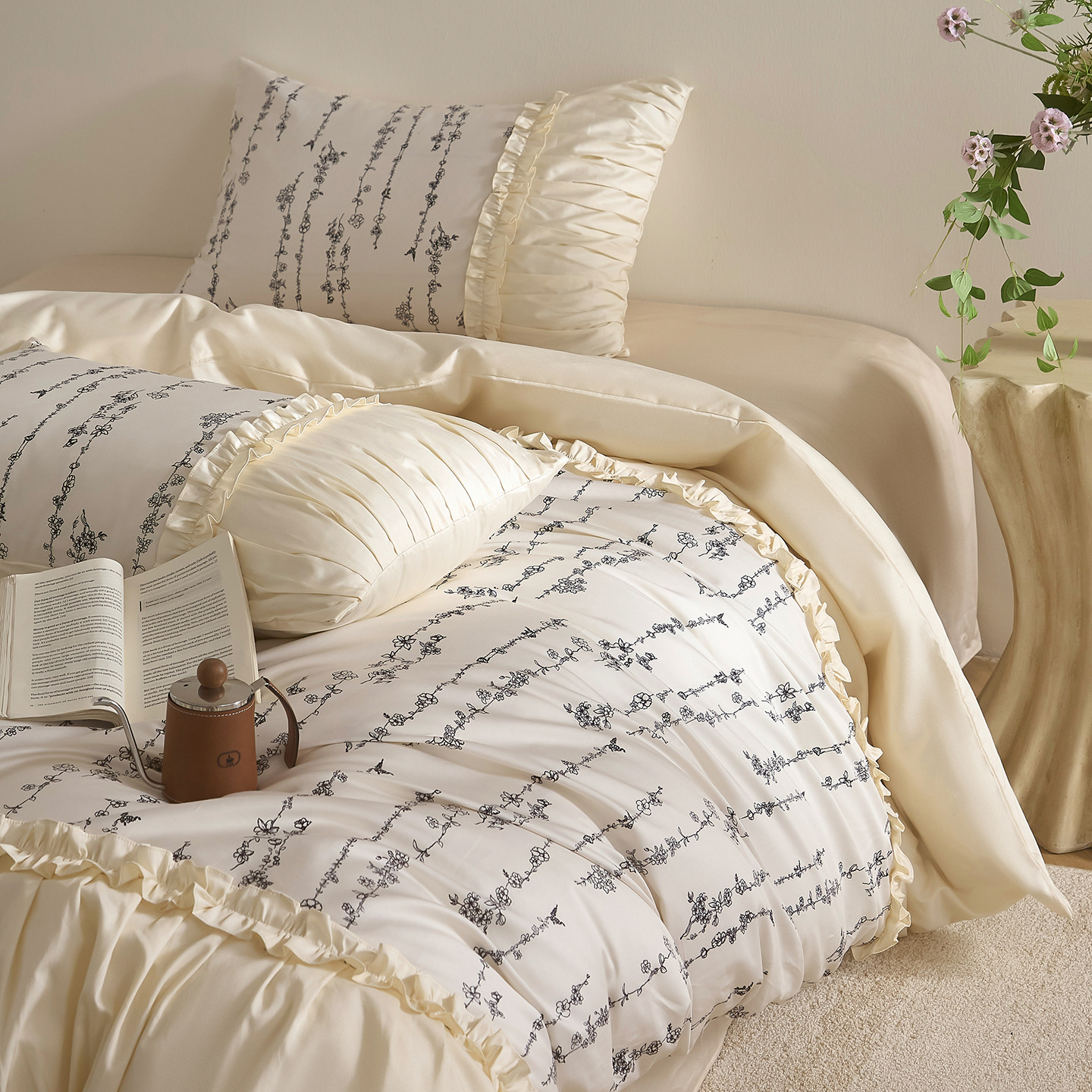 New French-Style 100-Count Long-Staple Cotton Satin Digital Print 4-Piece Gift Set, Non-Fading, High-End and Elegant
