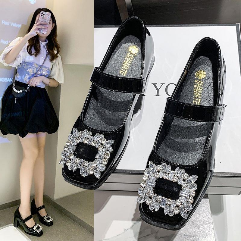 2023 Summer New Flash Diamond Square Buckle Middle Heel One-character Belt Mary Jane Shoes Niche Thick Bottom Thick Heel Square Heel Single Shoes 2023 Summer New Flash Diamond Square Buckle Middle Heel One-character Belt Mary Jane Shoes Niche Thick Bottom Thick Heel Square Heel Single Shoes