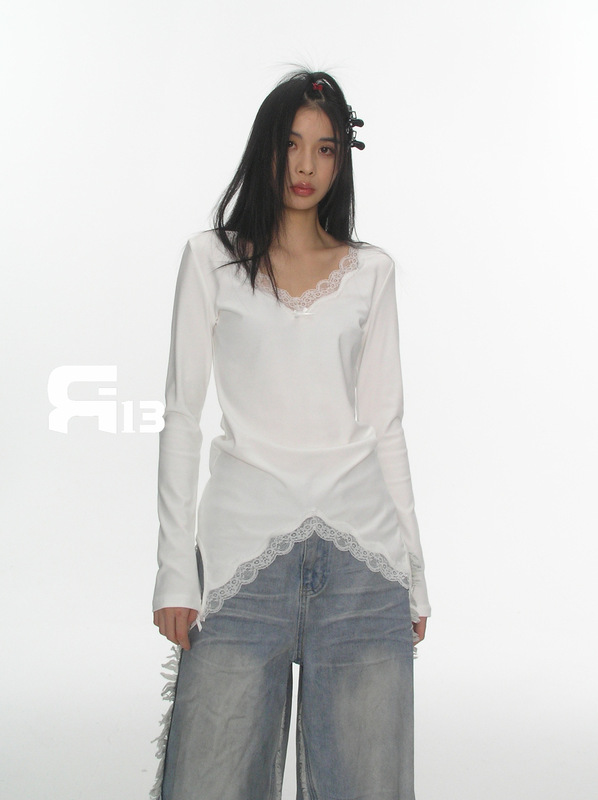R13 Thirteen Lines 25 春夏アメリカンホットガールニッチデザインフリップサスペンダーレースボトム長袖Tシャツ8356|undefined