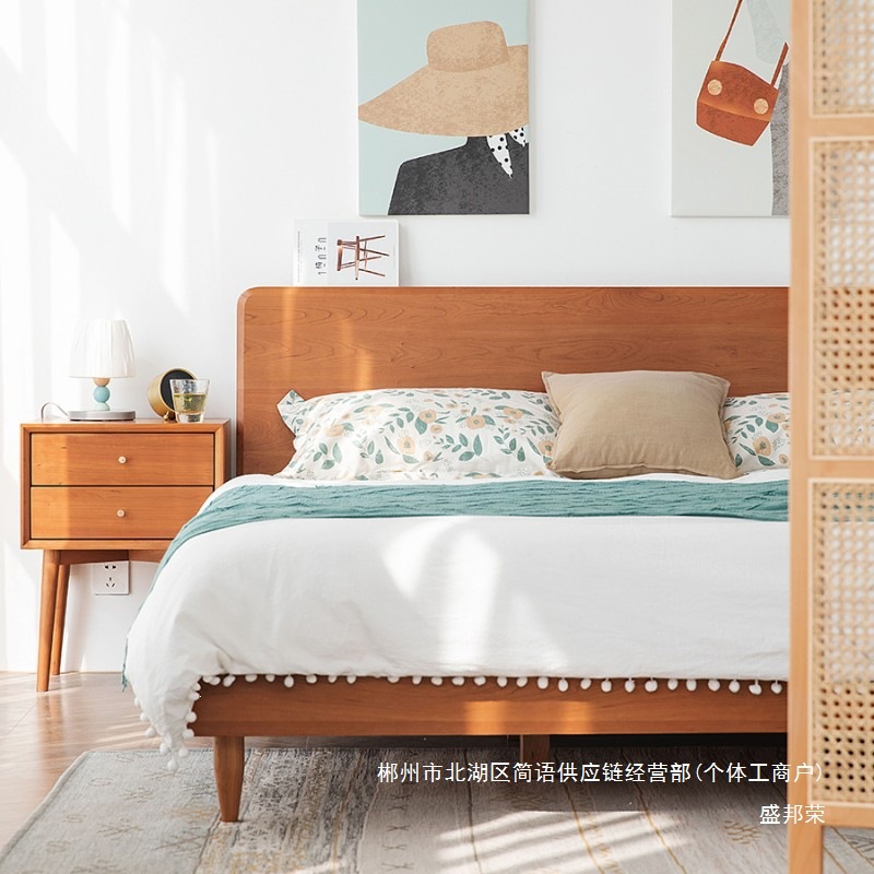 Fábrica directa isla cama de madera maciza moderna simple cama principal japonesa tatami de madera de cerezo 1.8m nórdica doble
