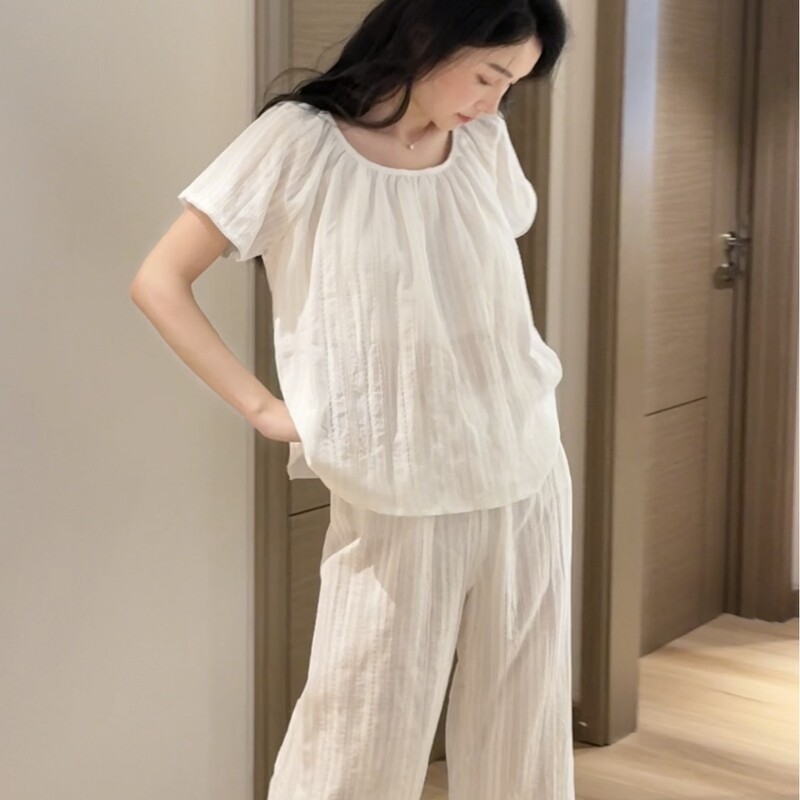 〈Afternoon Melody〉Cotton Jacquard Korean-Style Simple and Gentle Short-Sleeve Nine-Quarter Pants Loungewear Set