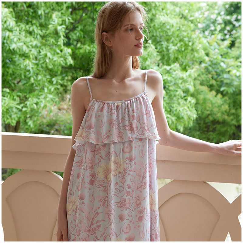 New Summer Rayon Satin Fashion Spicy Fairy Elegant Fresh Orchid Floral Print Camisole Nightdress