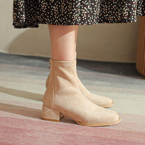 Women's thick-heeled short boots, low-heeled French nude boots, winter slim boots with back zipper, simple socks, socks boots, soft women's shoes