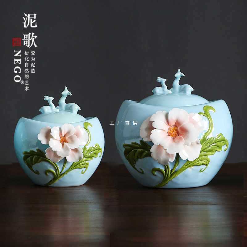A5L Handmade Clay Flower Tea Can with Sealing Lid Ceramic Yuanbao Shaped Tea Packaging Box Storage Can Ornament