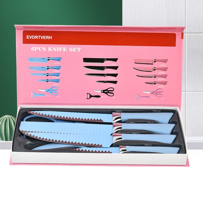Foreign trade knives wholesale spray point horseshoe handle six-piece gift box color stainless steel kitchen knife knife suit