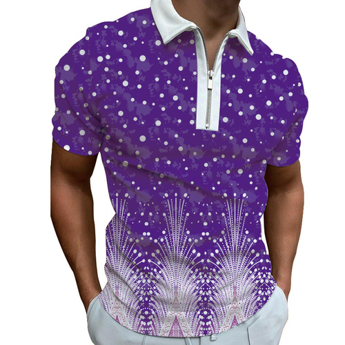 2025 Spring Men's Fashion Casual Trend Printed Polyester Short-Sleeve T-Shirt with Zipper Polo Shirt for Men