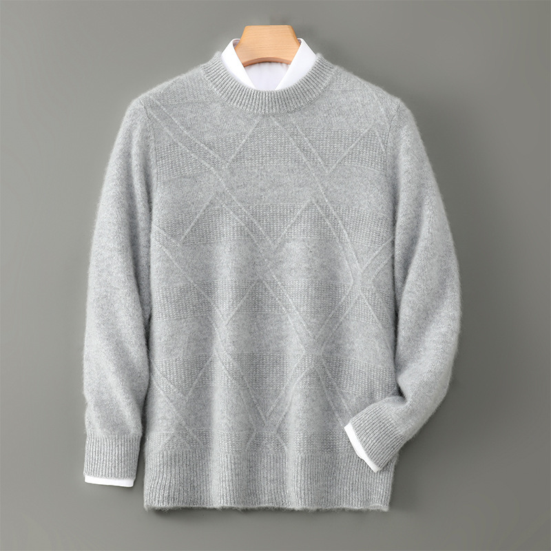 New autumn and winter high-end men's solid color pure wool sweater with diamond jacquard pattern, thick versatile base sweater
