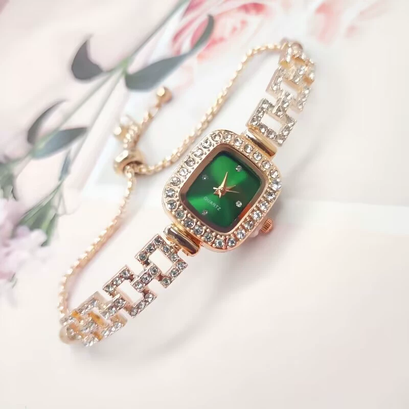 Square Swiss-Style Bracelet Watch, Crystal Accent, Adjustable Chain, Gold & Silver Options