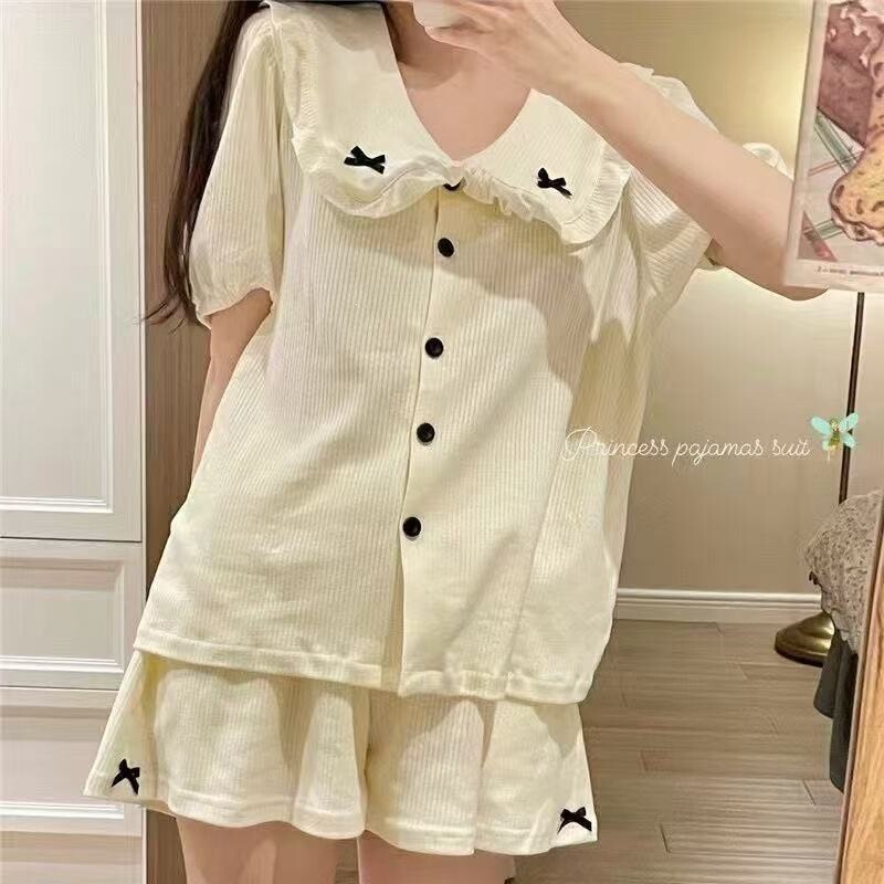New Style Ins Doll Collar Pajamas for Women, Summer Short-Sleeve Ruffled Sweet Bowknot Thin Home Wear Set New Style Ins Doll Collar Pajamas for Women, Summer Short-Sleeve Ruffled Sweet Bowknot Thin Home Wear Set