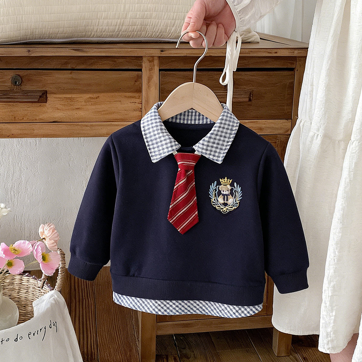 Boys' Spring and Autumn School Style Two-Piece Sweatshirt, Casual Long-Sleeved Top, Baby Collared Pullover