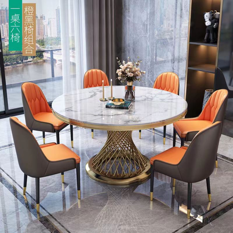 Mesa de comedor de mármol, mesa redonda doméstica, mesa de comedor de roca de lujo ligera con rotación.