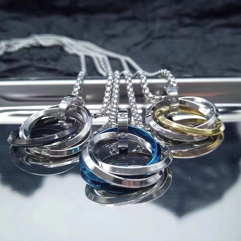 Stainless three ring hot selling, simple and non fading hip-hop style, titanium steel necklace with diamond pendant for_voghion.com