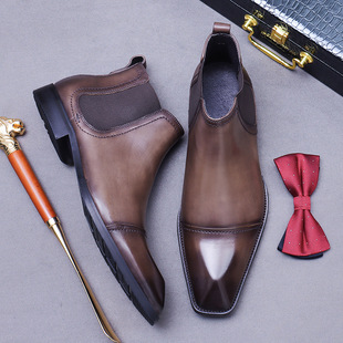 [Big Sale] Men's Boots Business Cowhide Genuine Leather British Style High-Top Men's Shoes Slip-On Work Boots Men's Free Shipping