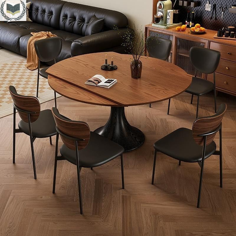 Modern Simple Light Luxury Walnut Color Retro Solid Wood Dining Table and Chairs Small Apartment Combination Home Retractable Dual-Purpose Dining Table