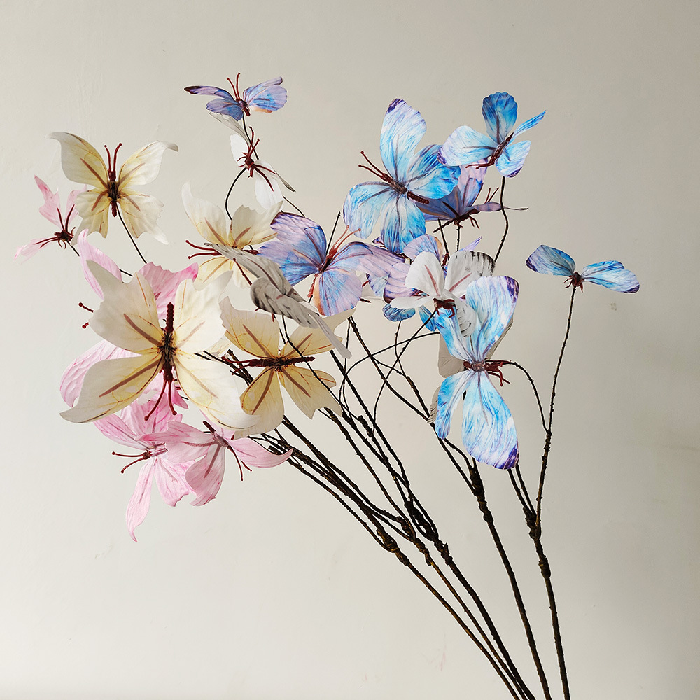 Una rama de cinco cabezas de ocho ramas secas mariposas de boda decoración de flor falsa de alta calidad arco de guía de boda simulación de flores