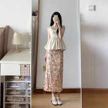 广州十三行新款夏季套装小个子方领抗皱背心上衣+刺绣亮片半身裙
