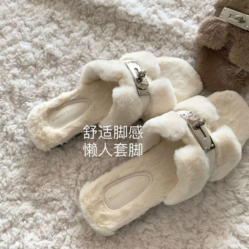 毛毛拖鞋女外穿2025新款春秋季百搭时尚一字拖高级感毛茸茸棉拖鞋|undefined