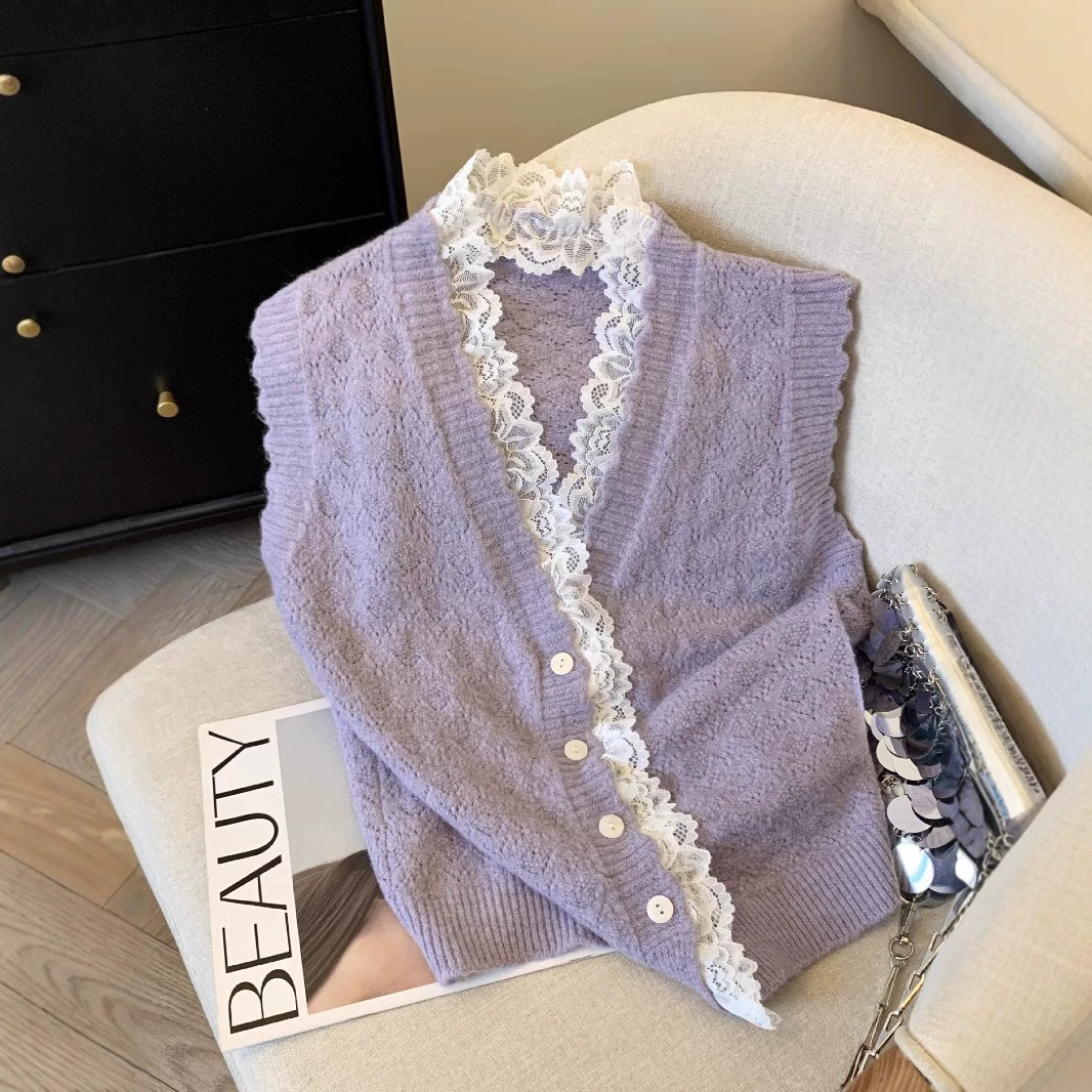 Весна и осень 2025 свитер на улице жилет маленький ароматный ветер V-образный кружевной край сшитый тонкий и вязаный жилет женский