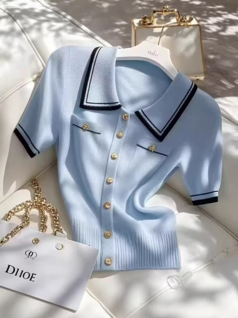 Áo thun nữ cổ polo tay ngắn phối màu xanh lam kiểu mới — xanh lam
