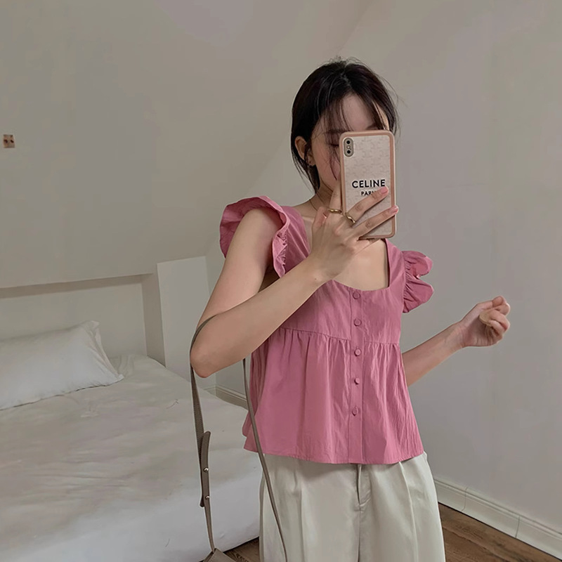 French-Style Niche Sweetheart Flutter Sleeve Top 2025 Cute Slimming Square Neck Short Shirt for Women Autumn New Model