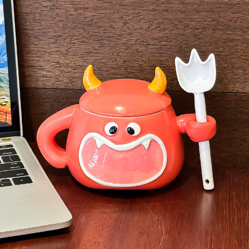 かわいい小悪魔カップ、蓋とスプーン付きのクリエイティブで面白いマグカップ、キュートでパーソナライズされたセラミックウォーターカップ、女性への誕生日プレゼント|undefined