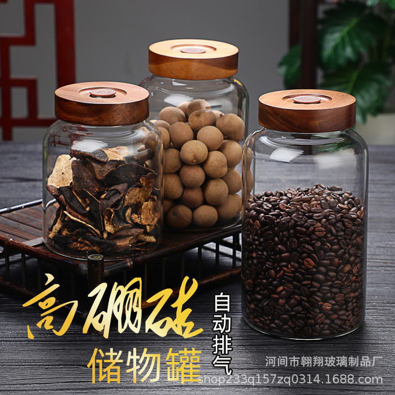 Glass Storage Jar Large Capacity Spiral Mouth High Borosilicate Glass Sealed Jar Pericarpium Citrate Jar Coarse Grain Wooden Lid Display Bottle